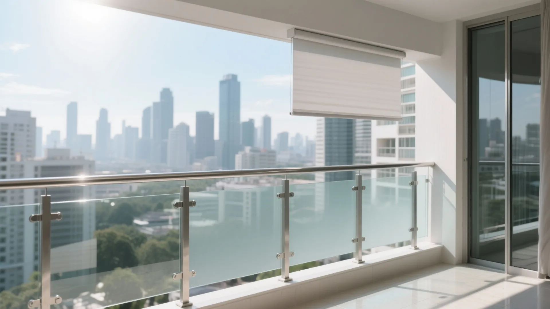 Modern apartment balcony with glass railing and white roller curtain overlooking a city skyline view