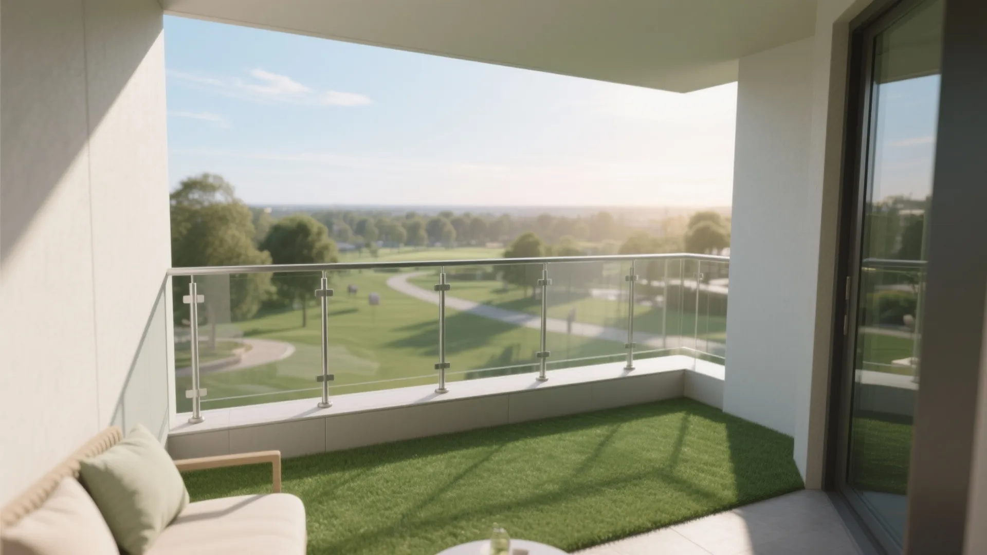 Glass railing and lush turf for an open, airy feel