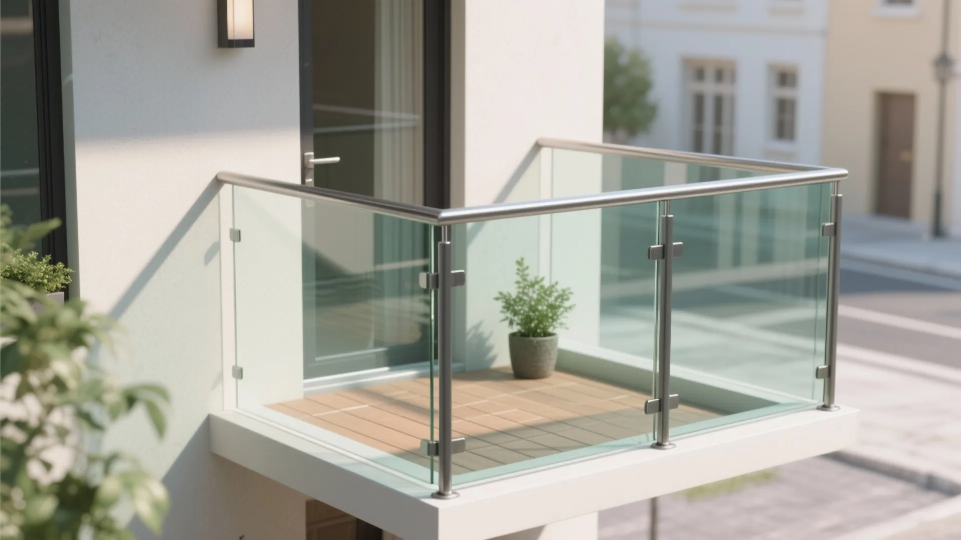 Small apartment balcony featuring glass railing with metal handrails, wood floor, and potted green plant