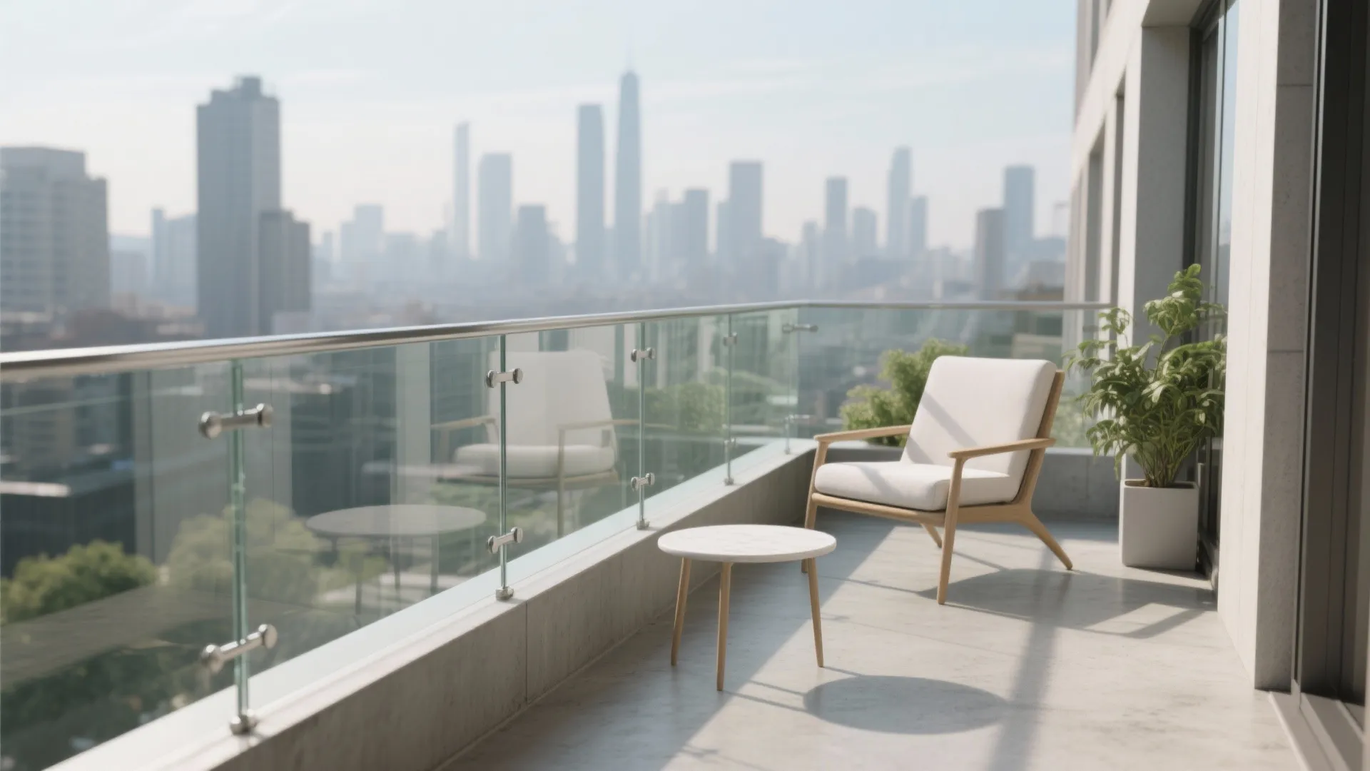 Modern high-rise balcony with glass railing white chair small round table and city skyline view