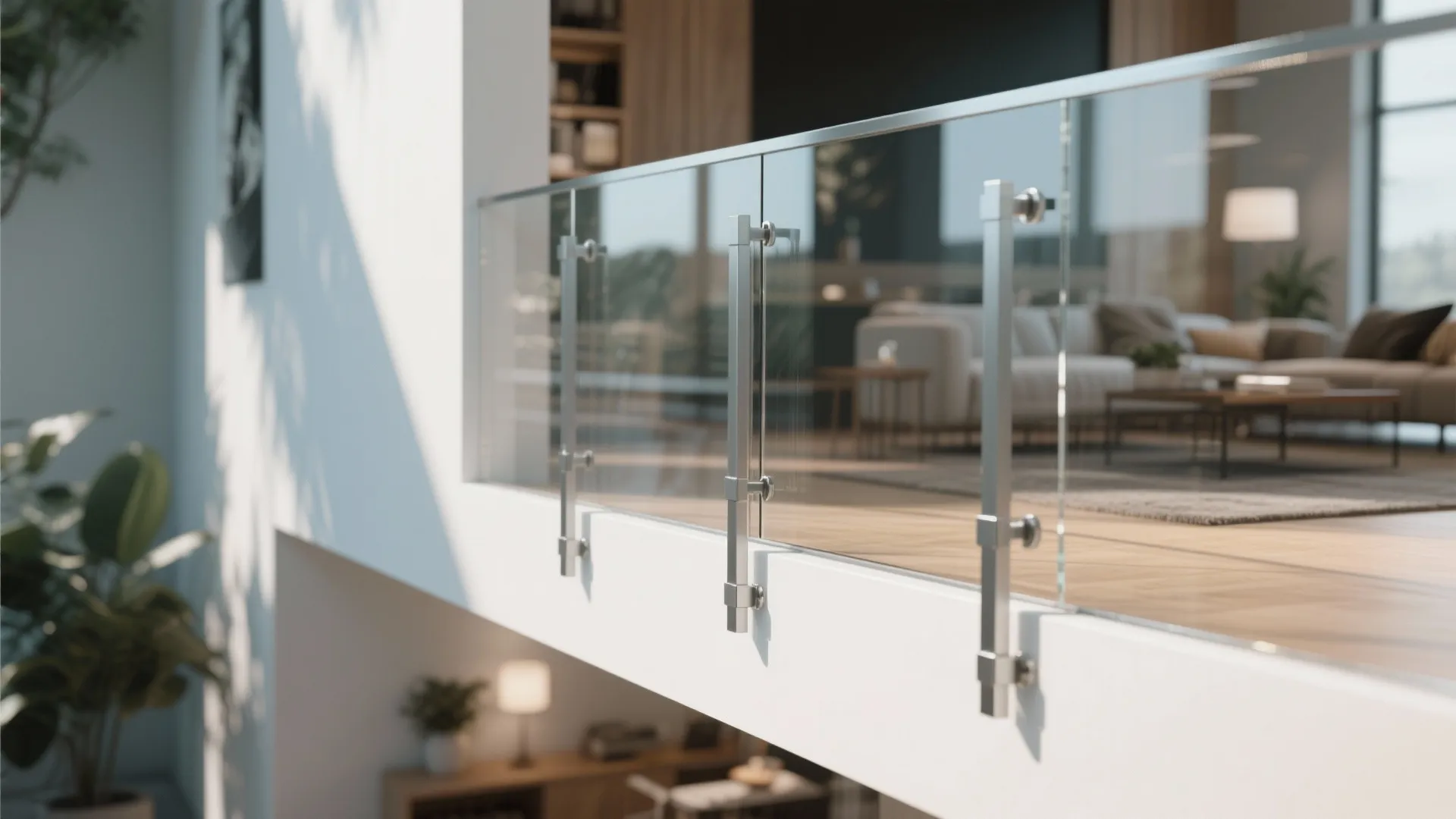 Modern interior with clear glass railing and metal posts overlooking a bright open living room