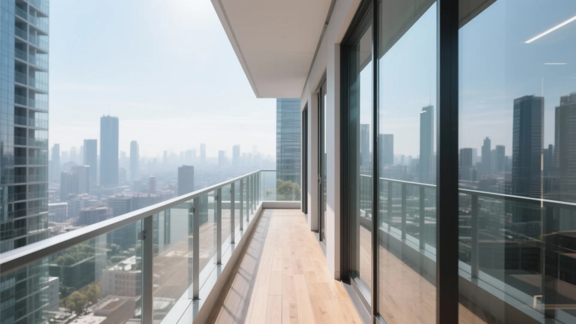Modern long balcony with glass railing wood floor and views of a big city skyline