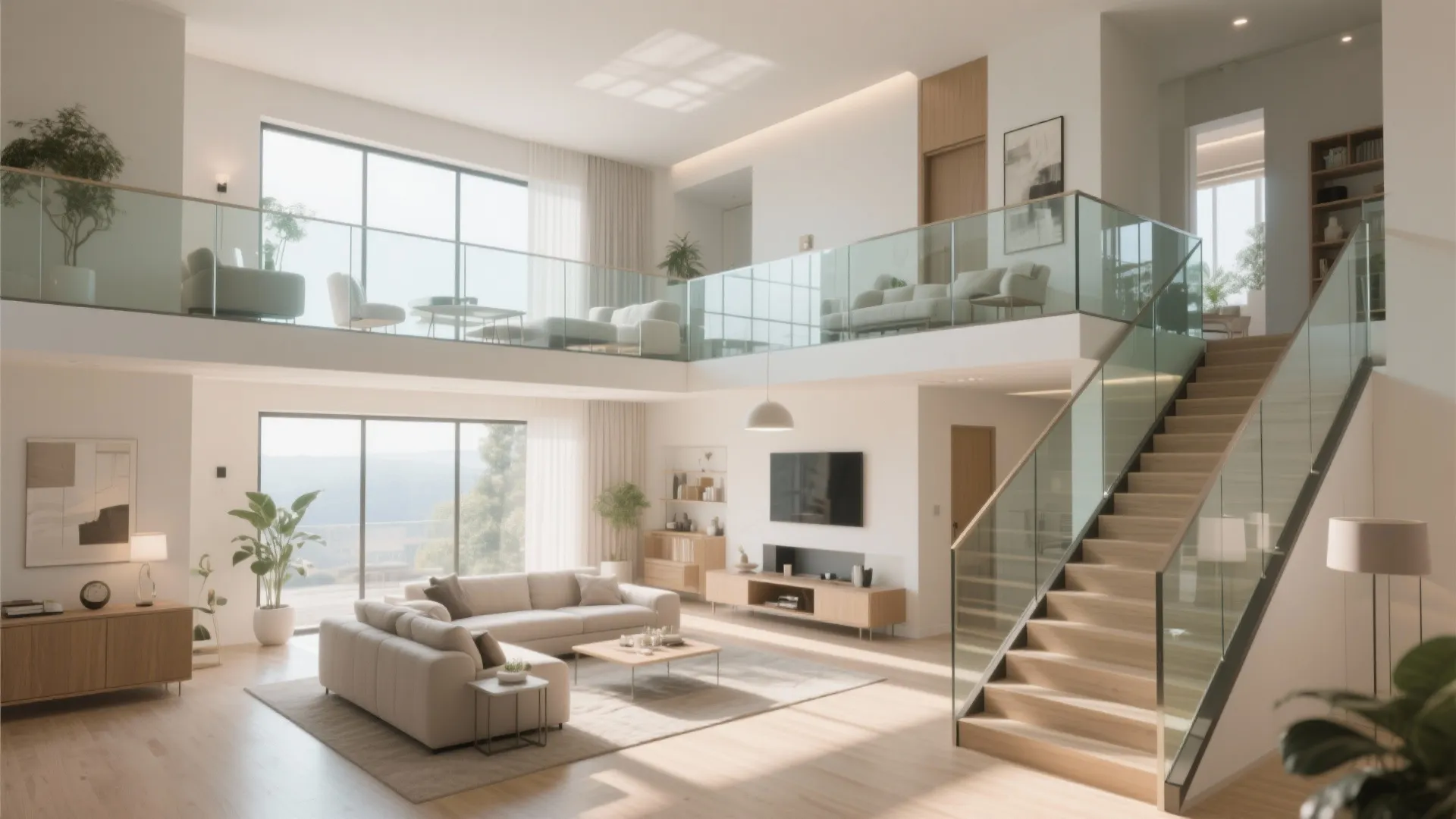 Modern double height living room with wood stairs glass railings white sofa and bright natural light