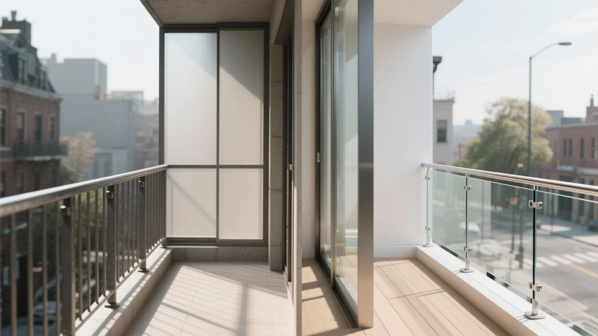 Before and after comparison of old metal balcony railing versus new modern glass railing design