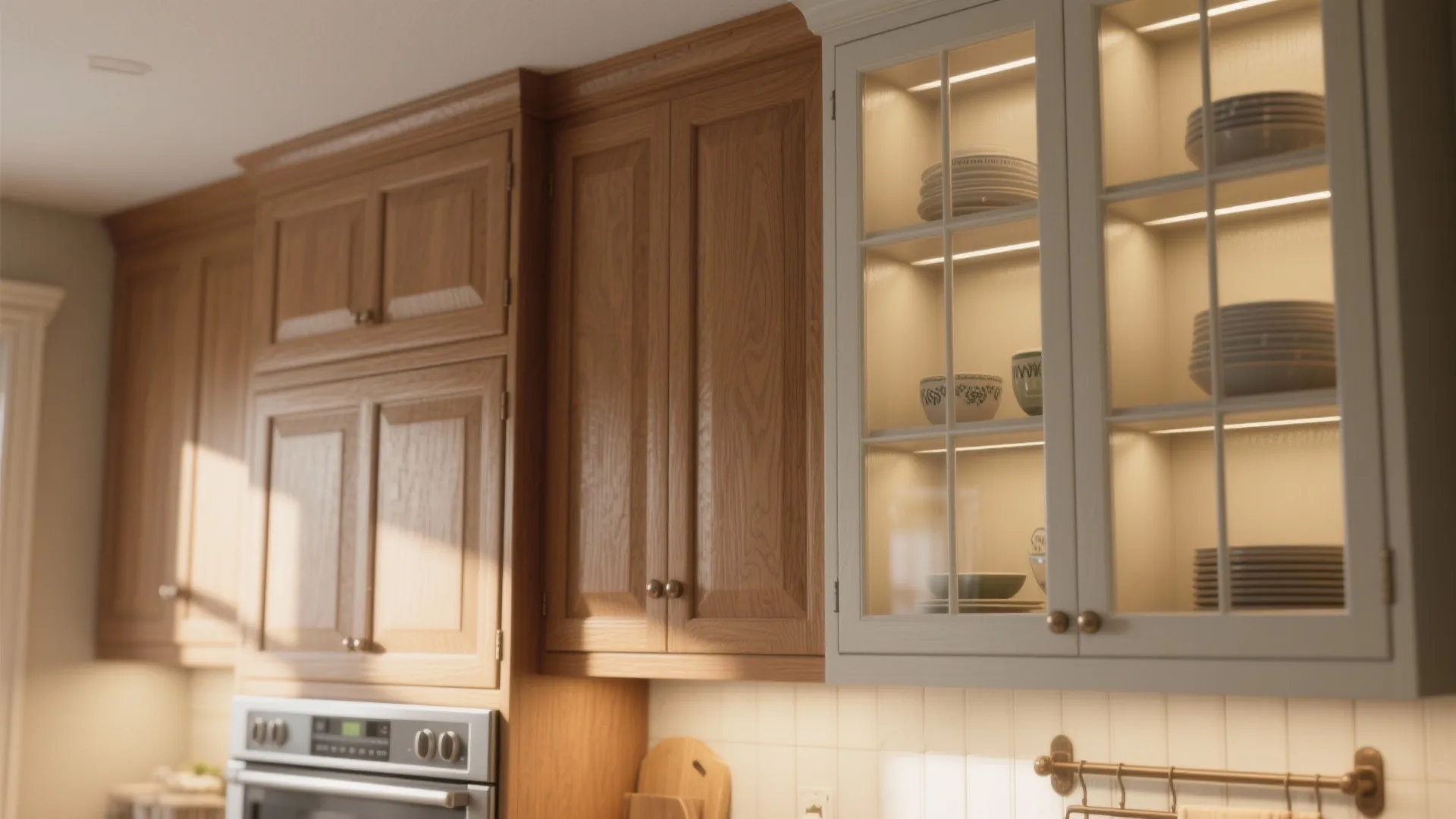 Wood kitchen cabinets with glass doors showing white dishes and built in light fixture inside