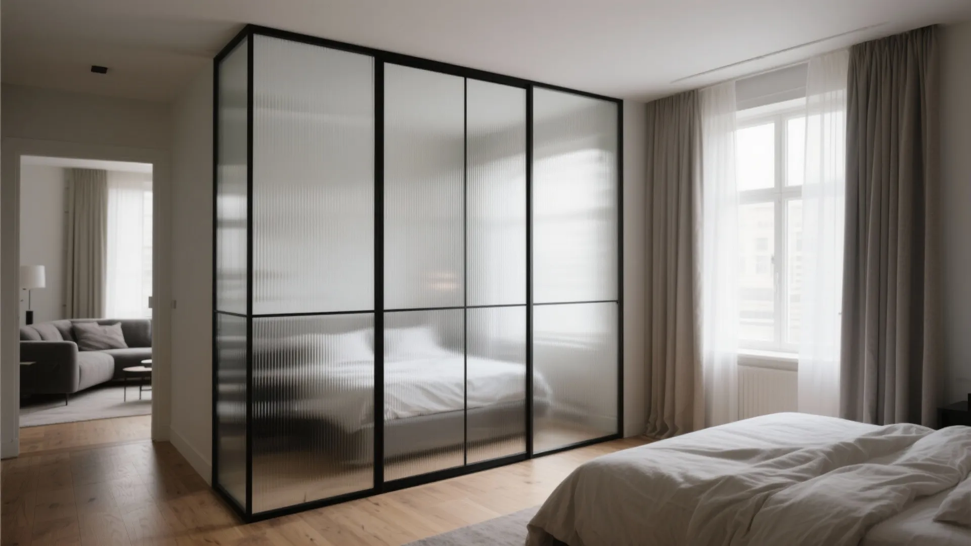 Modern bedroom with glass partition wall and black frames separating the bed from the hallway