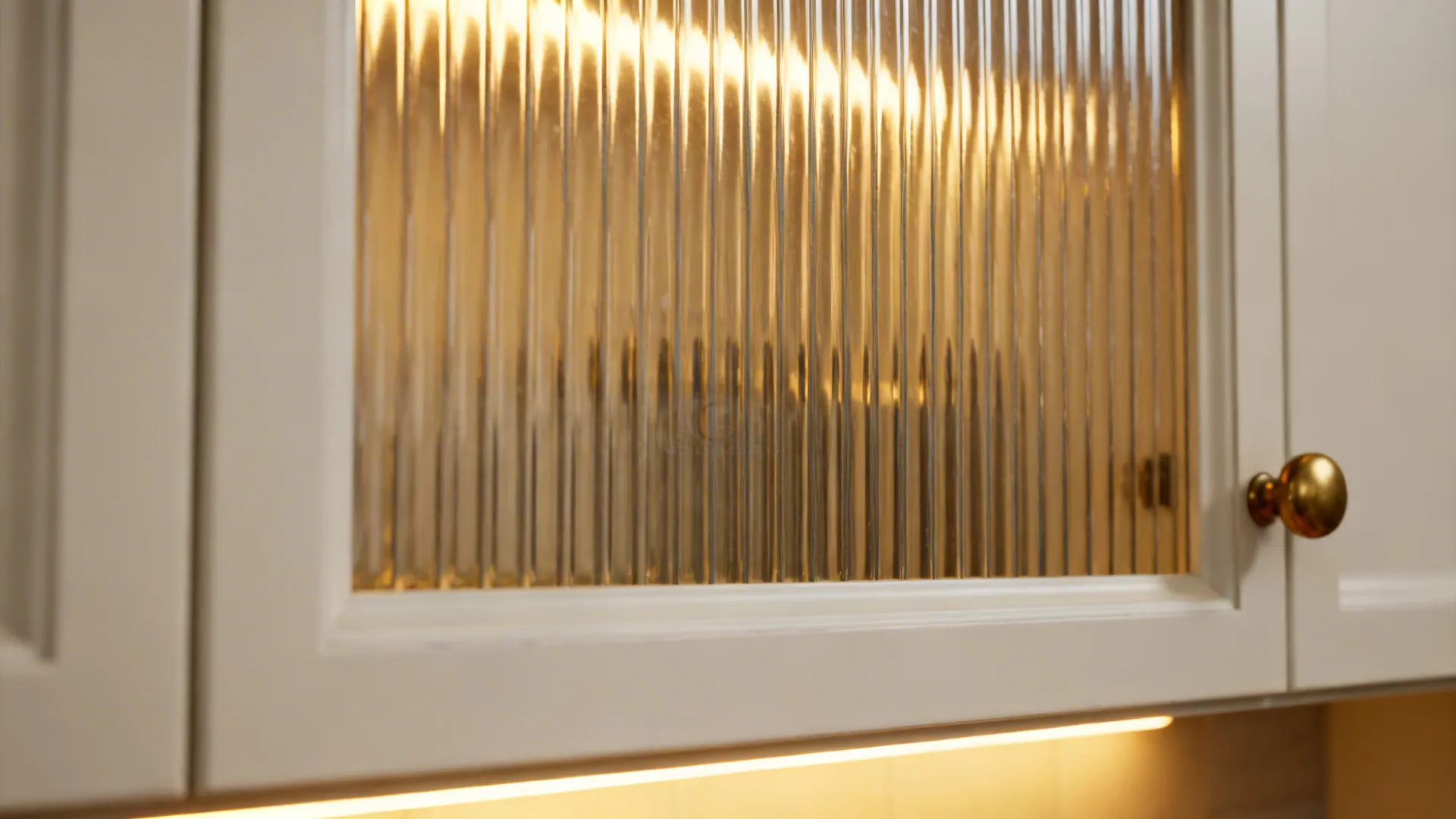 Close-up of reeded glass cabinet door with brass knob under warm light.