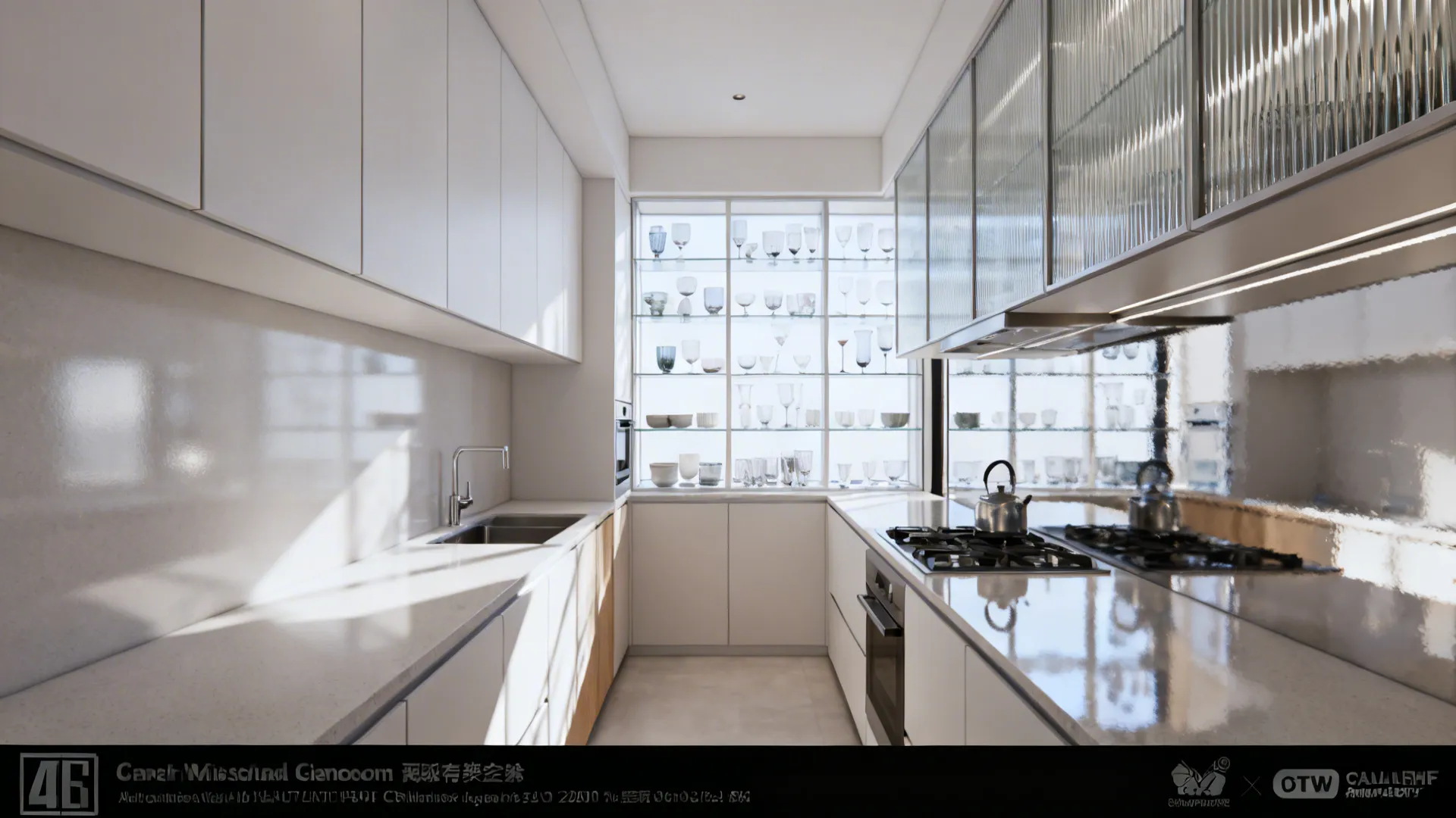 Galley kitchen with reeded glass fronts and glossy backsplash to amplify light.