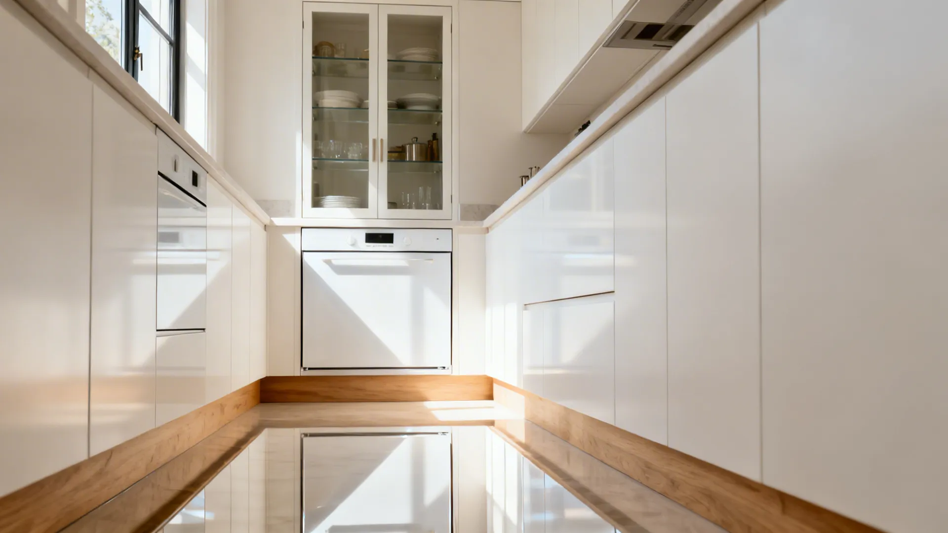 Small galley kitchen with a glass-front cabinet and glossy panel reflecting natural light.