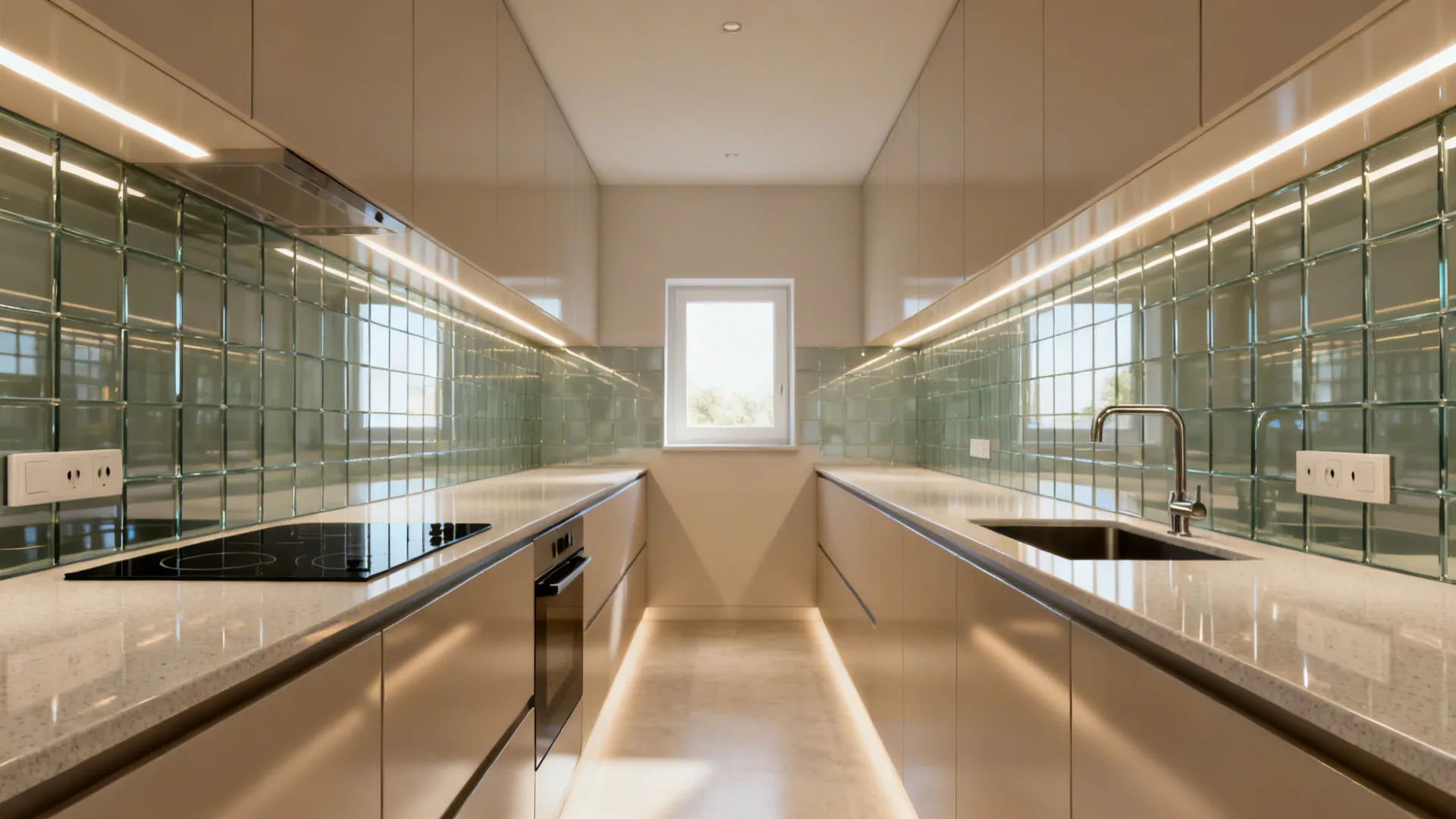 Galley kitchen with low-iron glass backsplash and satin quartz reflecting soft daylight.