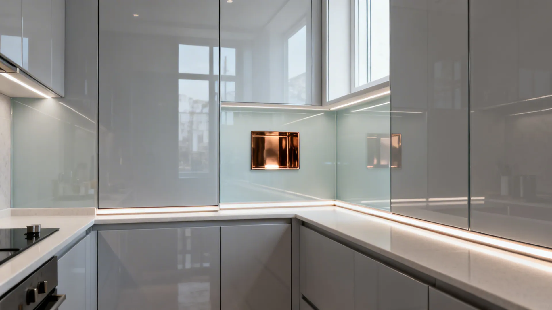 Glass surfaces and reflective finishes to amplify light