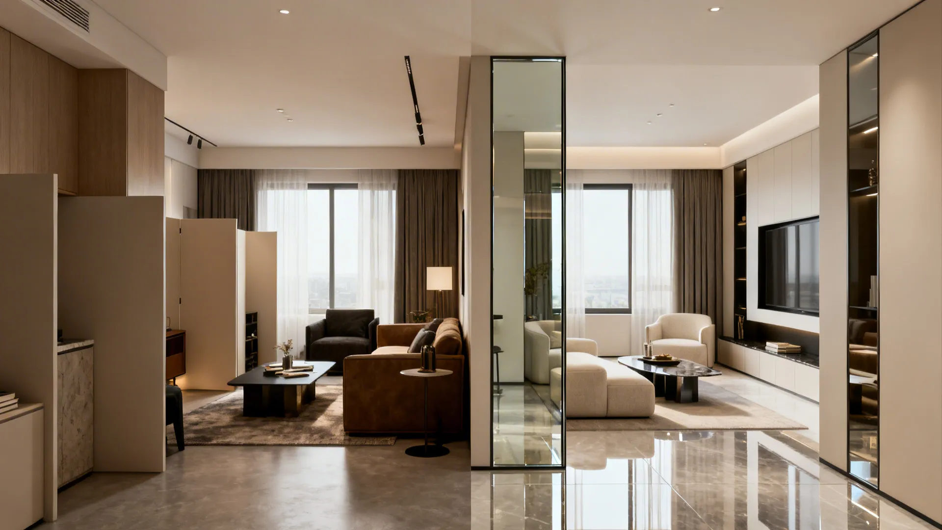 Side by side interior design drawing comparison showing different furniture and lighting in two rooms