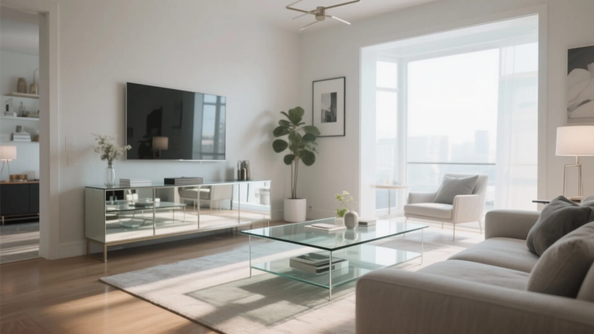 Living room featuring a mirrored cabinet, glass coffee table, light sofa, and a large window