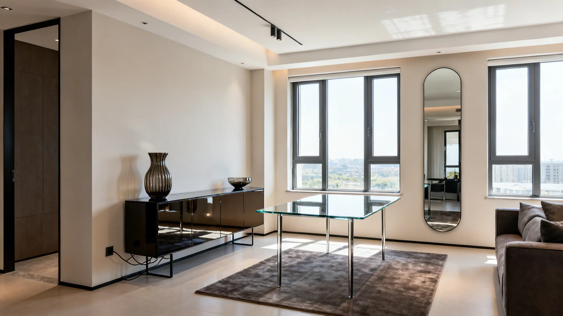 A glass dining table, tall mirror, and glossy sideboard brighten an open-plan living–dining space.