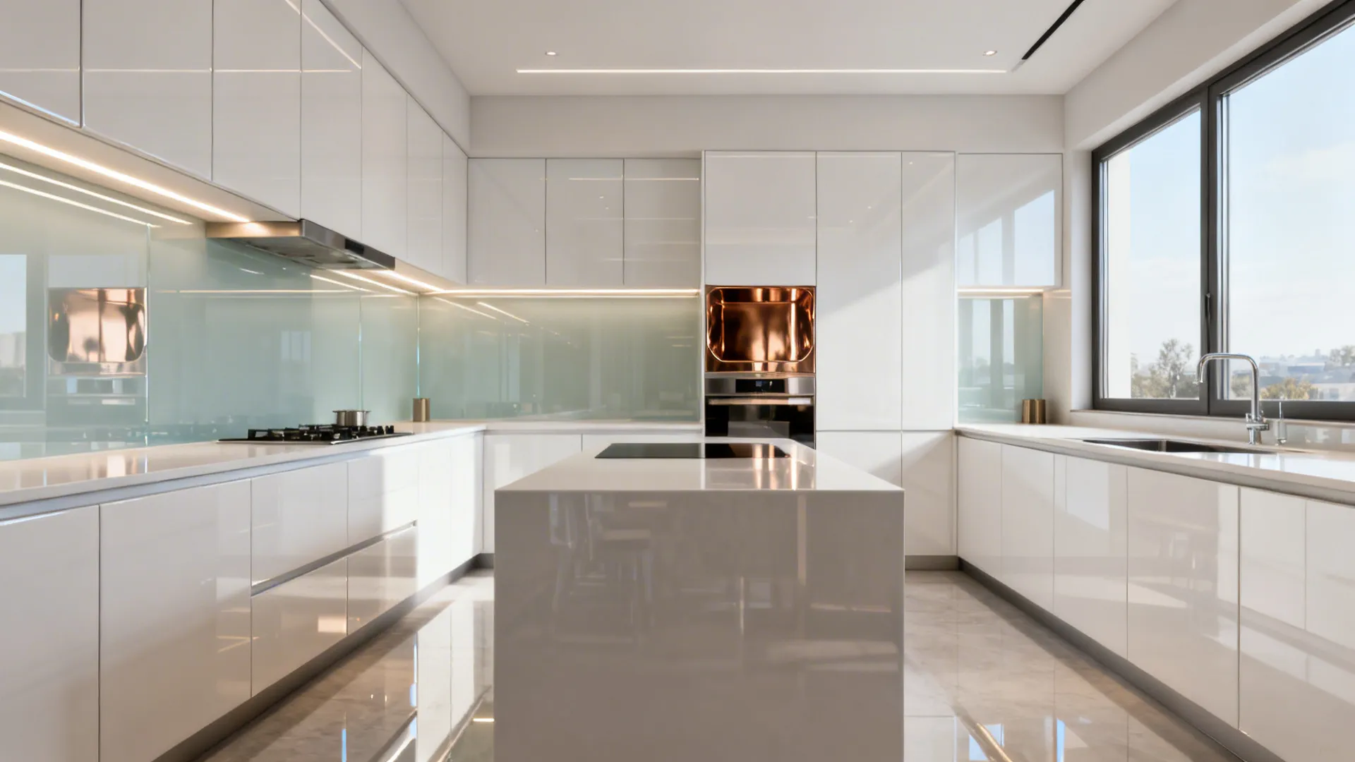 Gloss cabinets, glass backsplash, and bronze mirror niche reflect light in a compact kitchen.