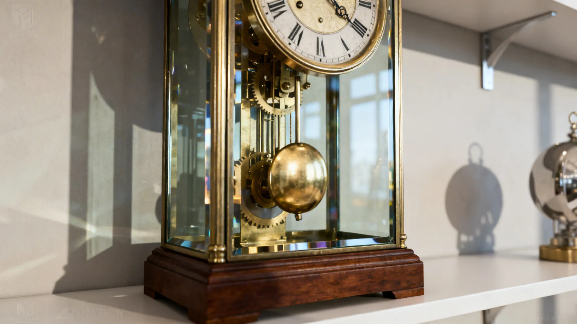 Detailed view of a gold and glass clock showing internal gears and a hanging pendulum