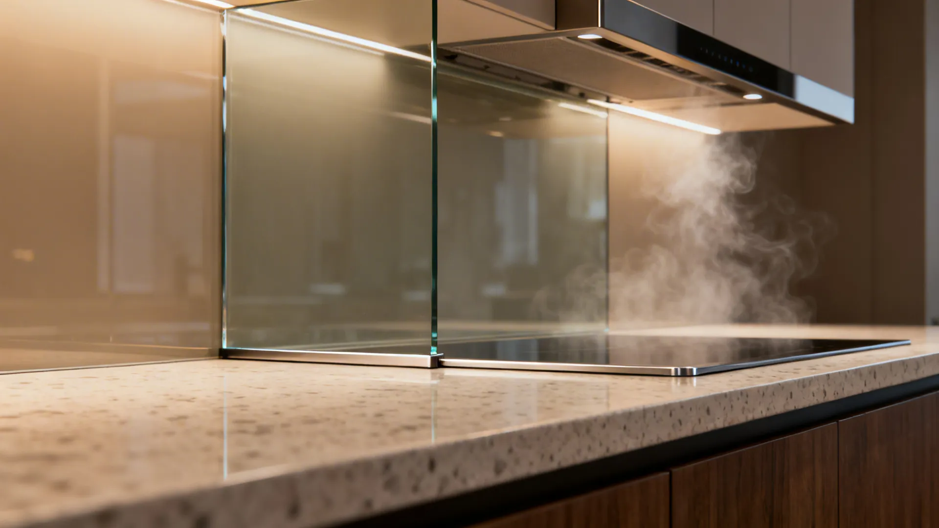 Macro of tempered glass backsplash riser meeting a quartz countertop with a neat metal channel.