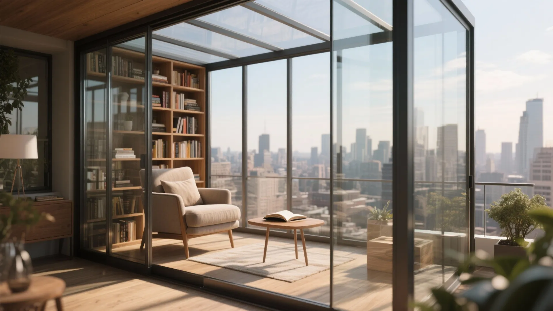 Modern glass sunroom with tall wooden bookshelf cozy armchair small coffee table and city skyline