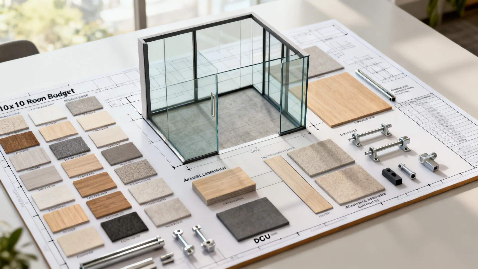 Top-down planning board showing 10x10 glass room layout options and material swatches for budgeting.