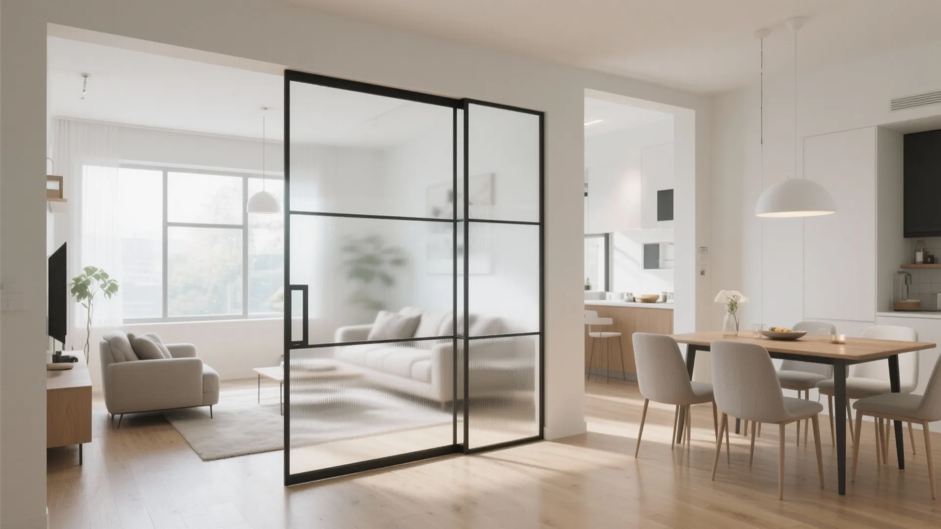 Black frame sliding glass door dividing a bright living room and dining area with chairs