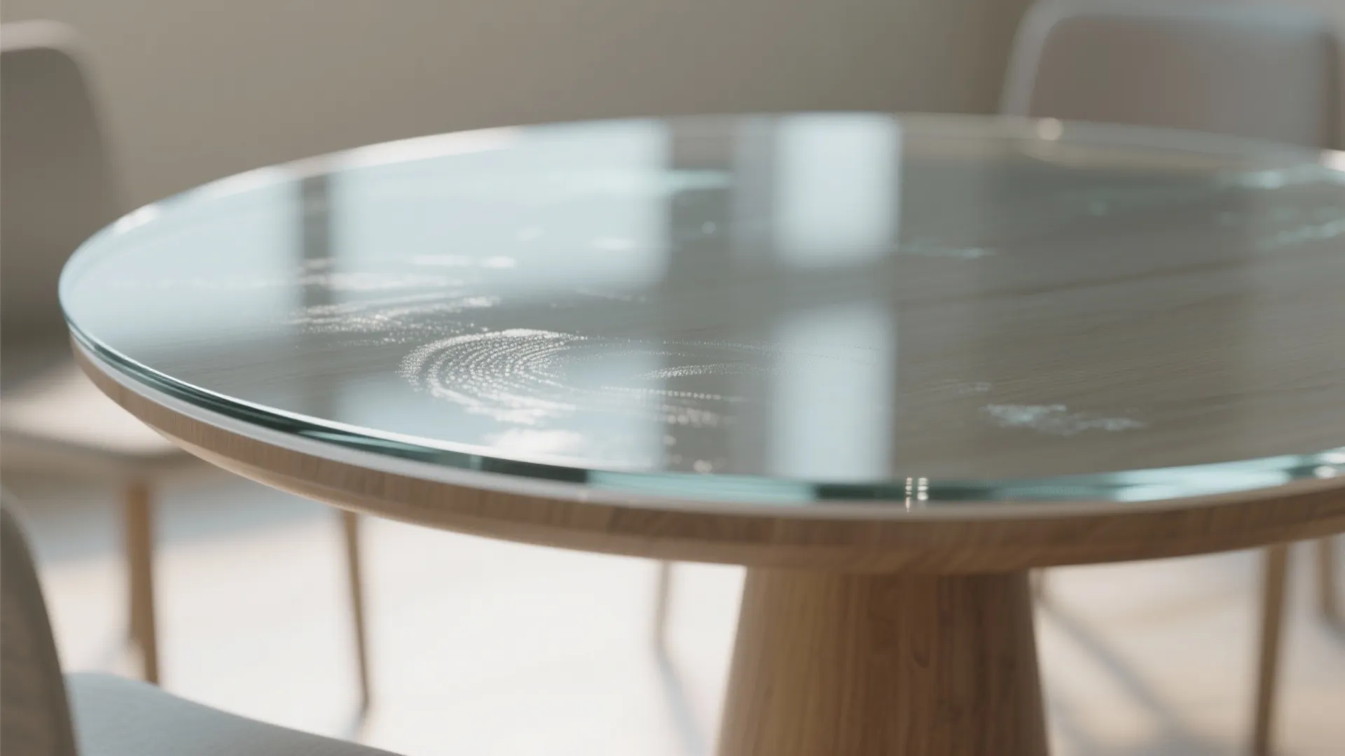 Close up of a round wooden dining table with a clear glass top and chairs