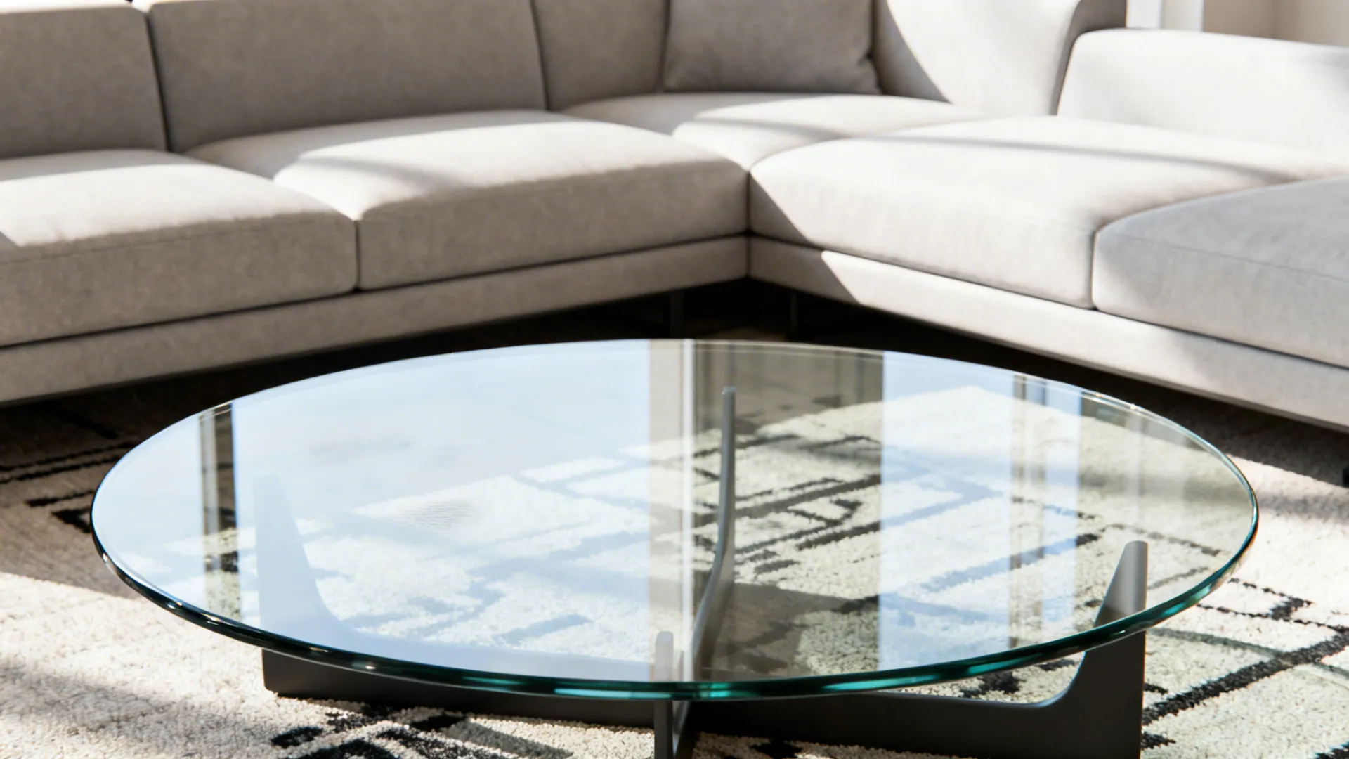 Tempered glass round coffee table preserving sightlines with rug pattern visible underneath