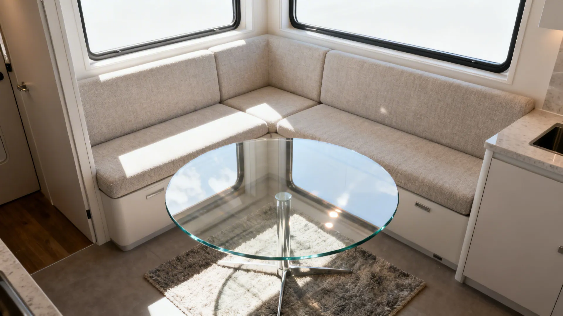 Clear tempered glass round table in front of a compact sofa, preserving sightlines and openness.