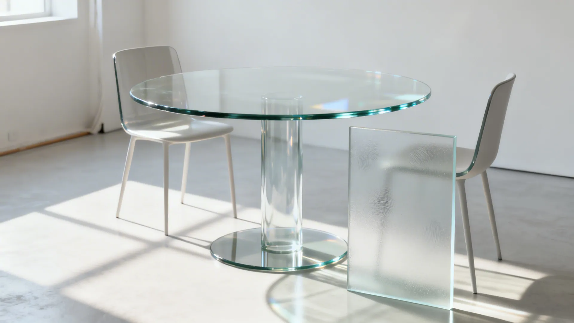 Transparent tempered glass round table in a small studio creating visual openness
