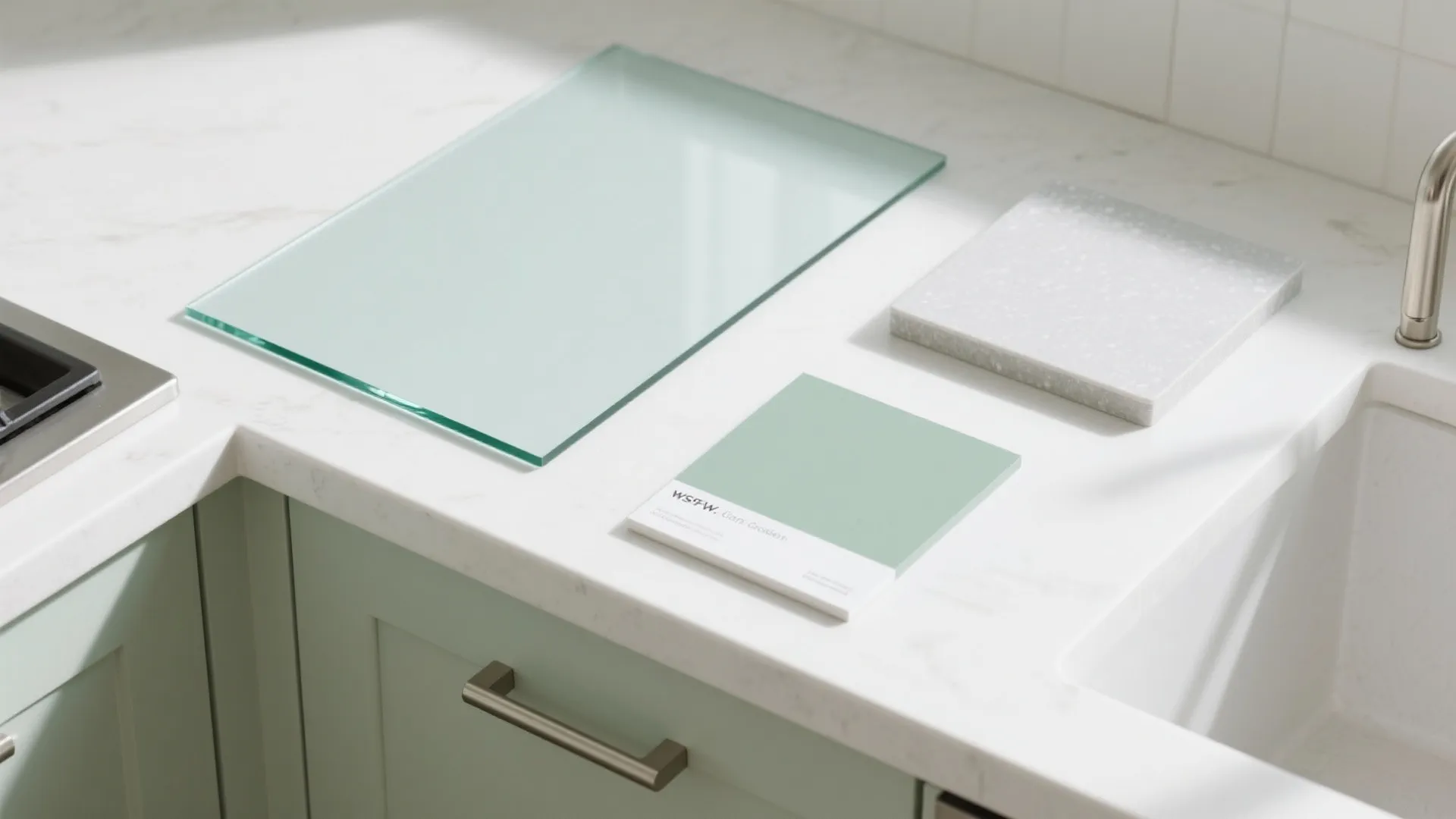 Light-Reflective Glass Backsplash + Soft Sage