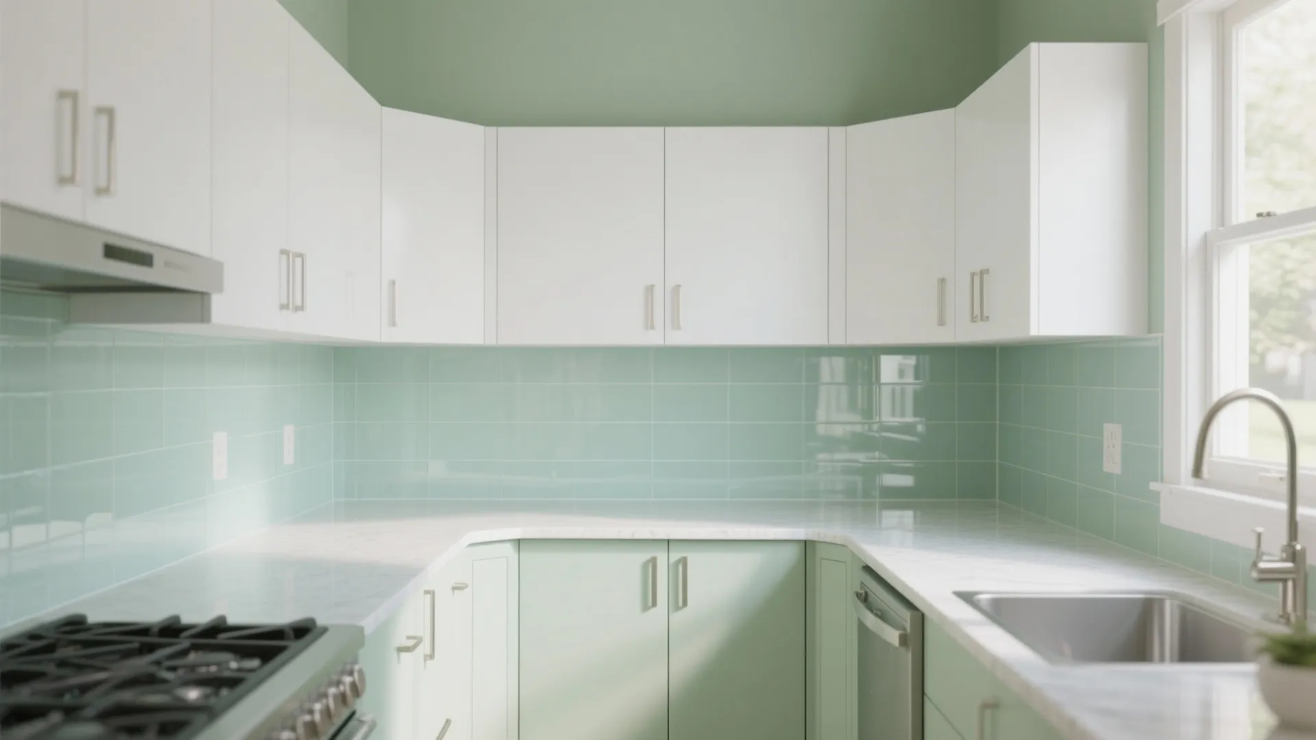 Light-Reflective Glass Backsplash + Soft Sage