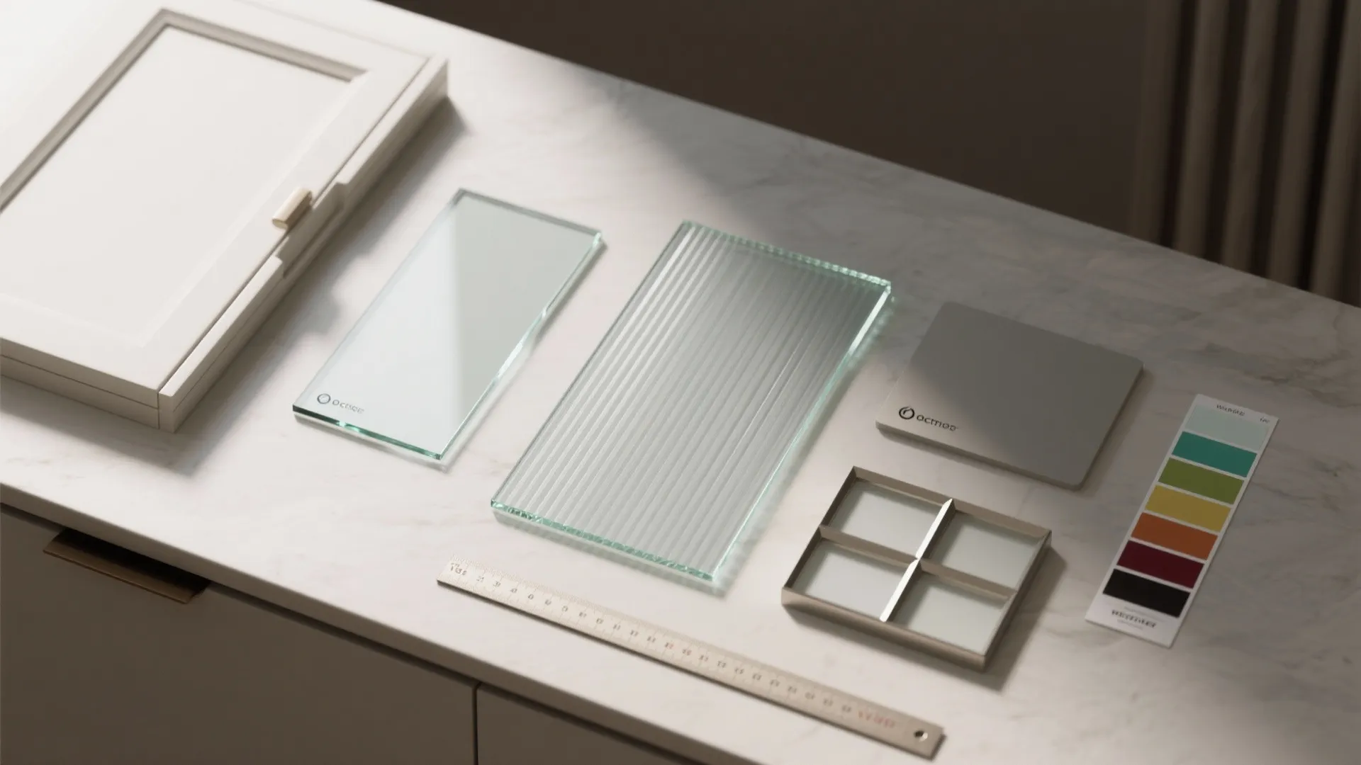 Flatlay of various glass cabinet door samples and color cards for comparing styles and materials.