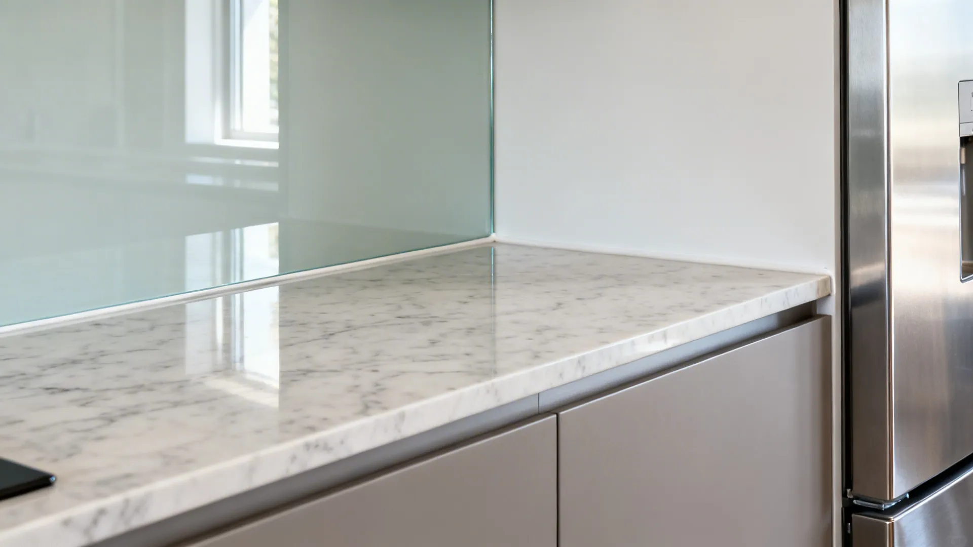 Macro of back-painted glass backsplash with quartz counter and satin stainless appliance surface.