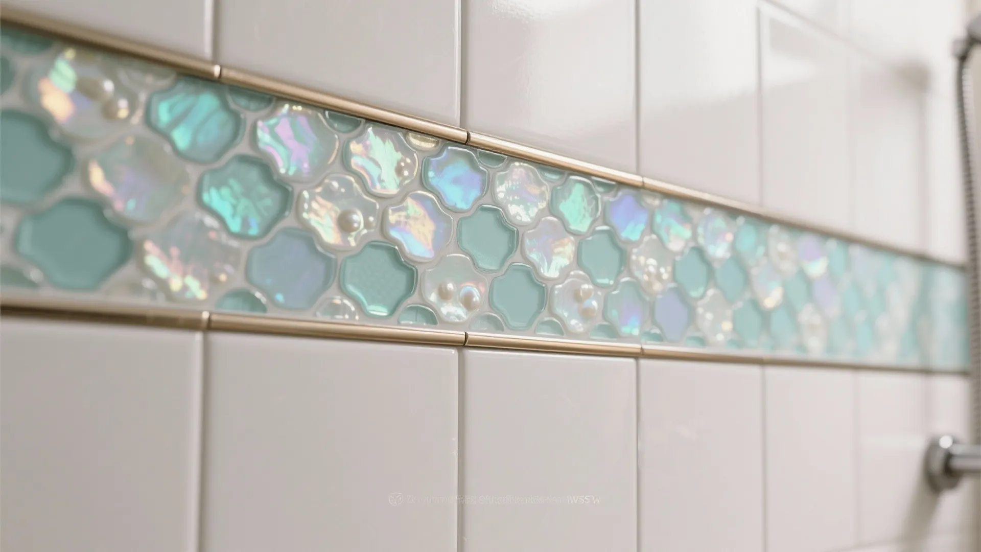 White square wall tiles with horizontal decorative band of teal and iridescent fish scale tiles