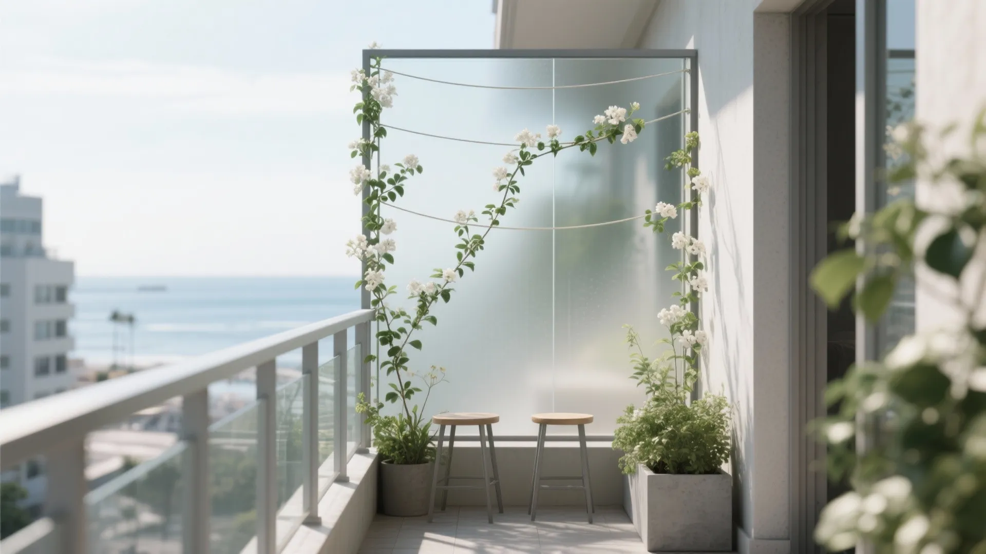 Glass wind screen + greenery for light, shelter, and privacy
