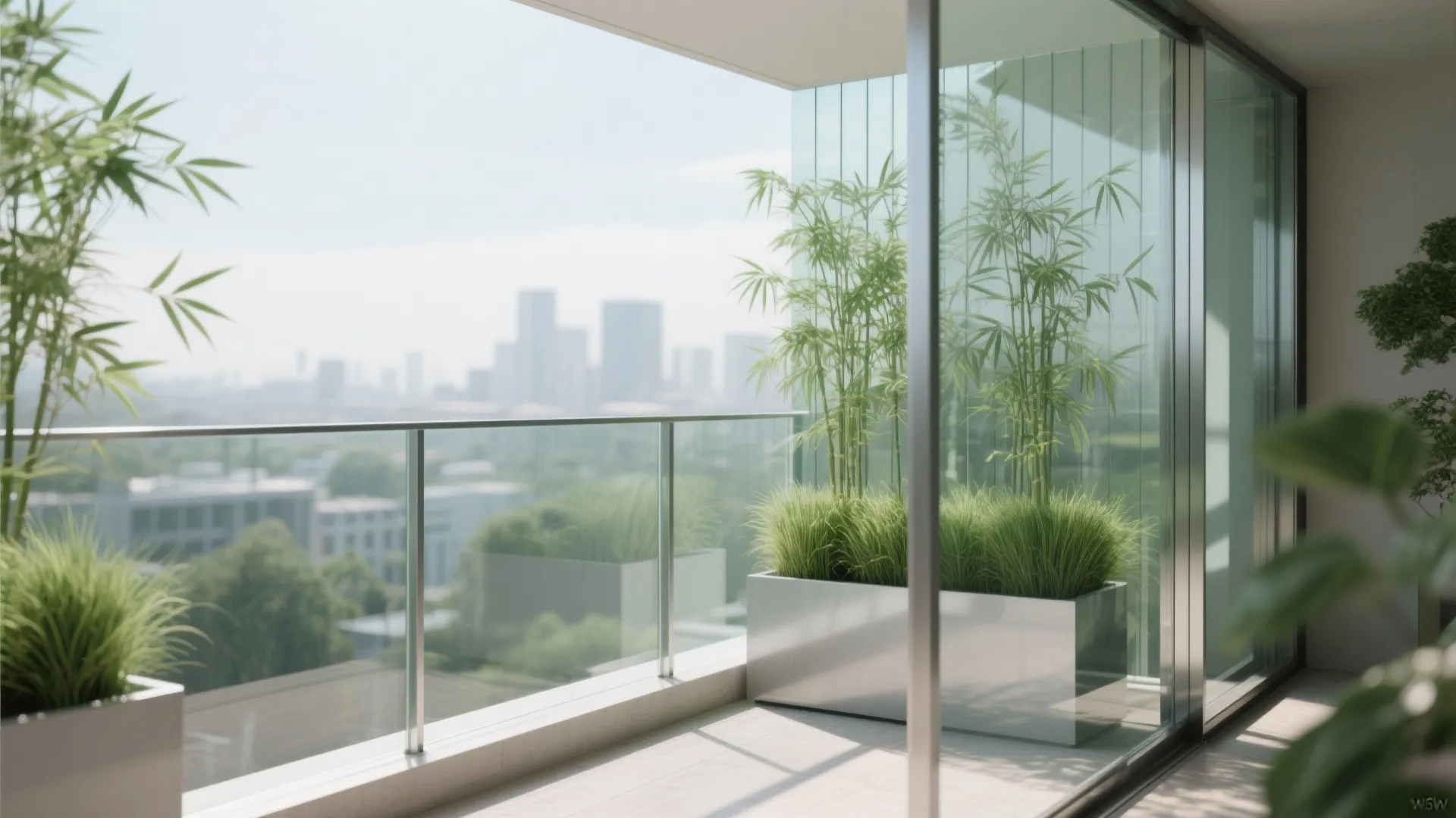 2) Glass wind screens and green privacy layers