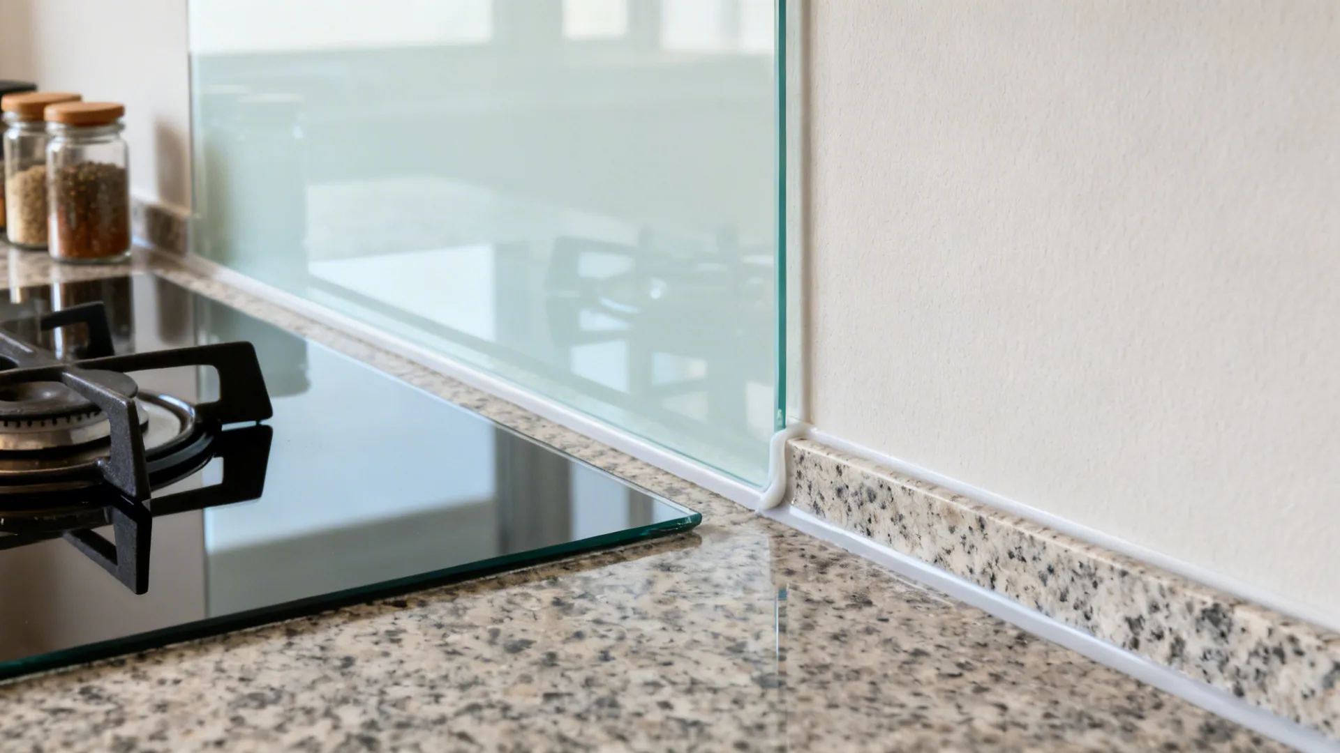 Close-up of a tempered glass backsplash with clean silicone seal over a granite countertop.