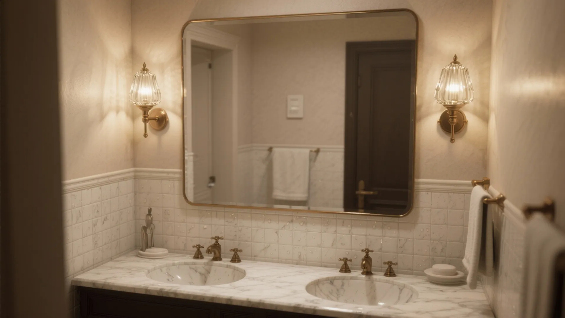 Bathroom vanity lit by two vintage glass-shade sconces creating a boutique-hotel feel