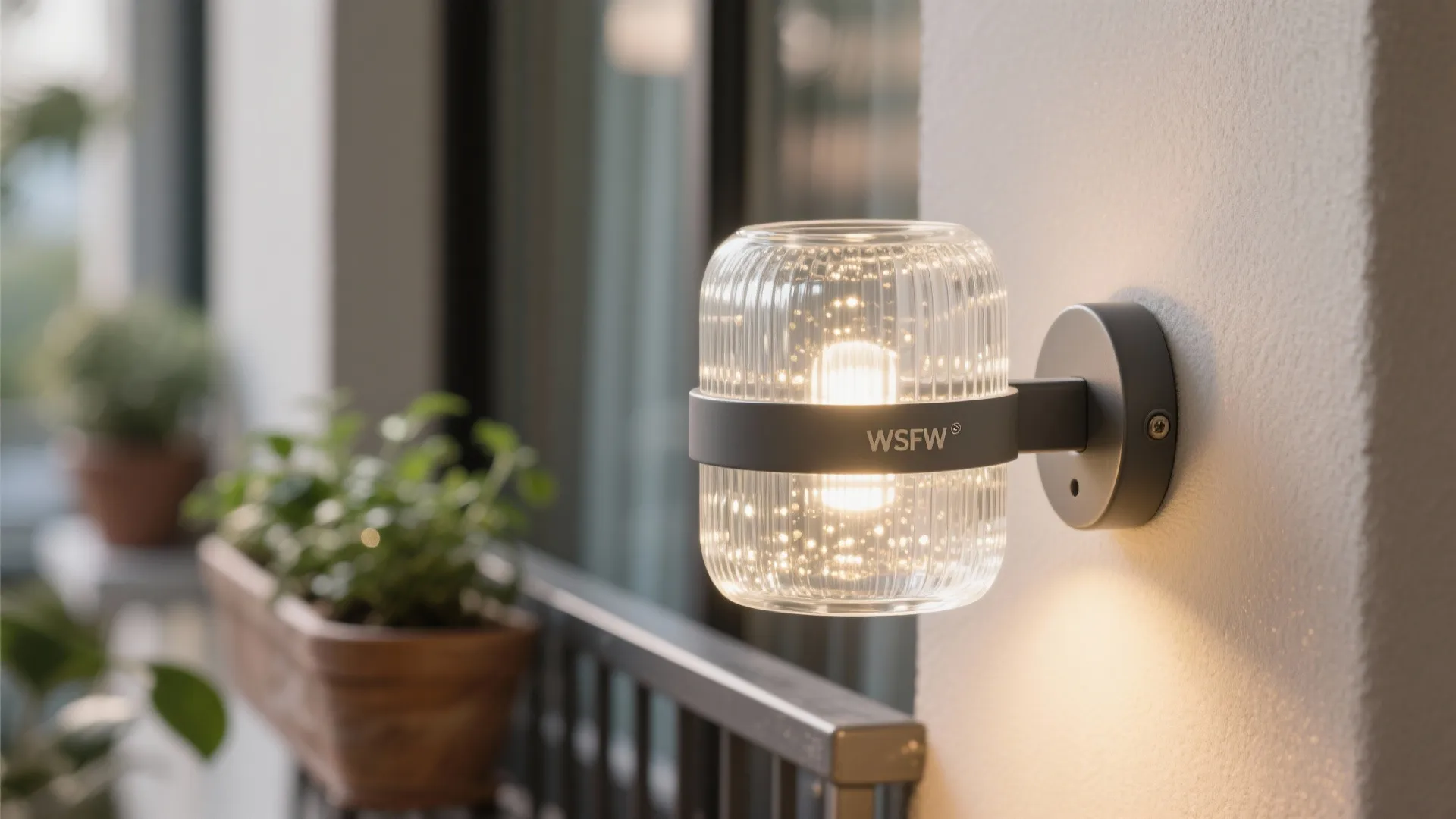 Modern glass wall light with textured surface mounted on a white wall in outdoor balcony