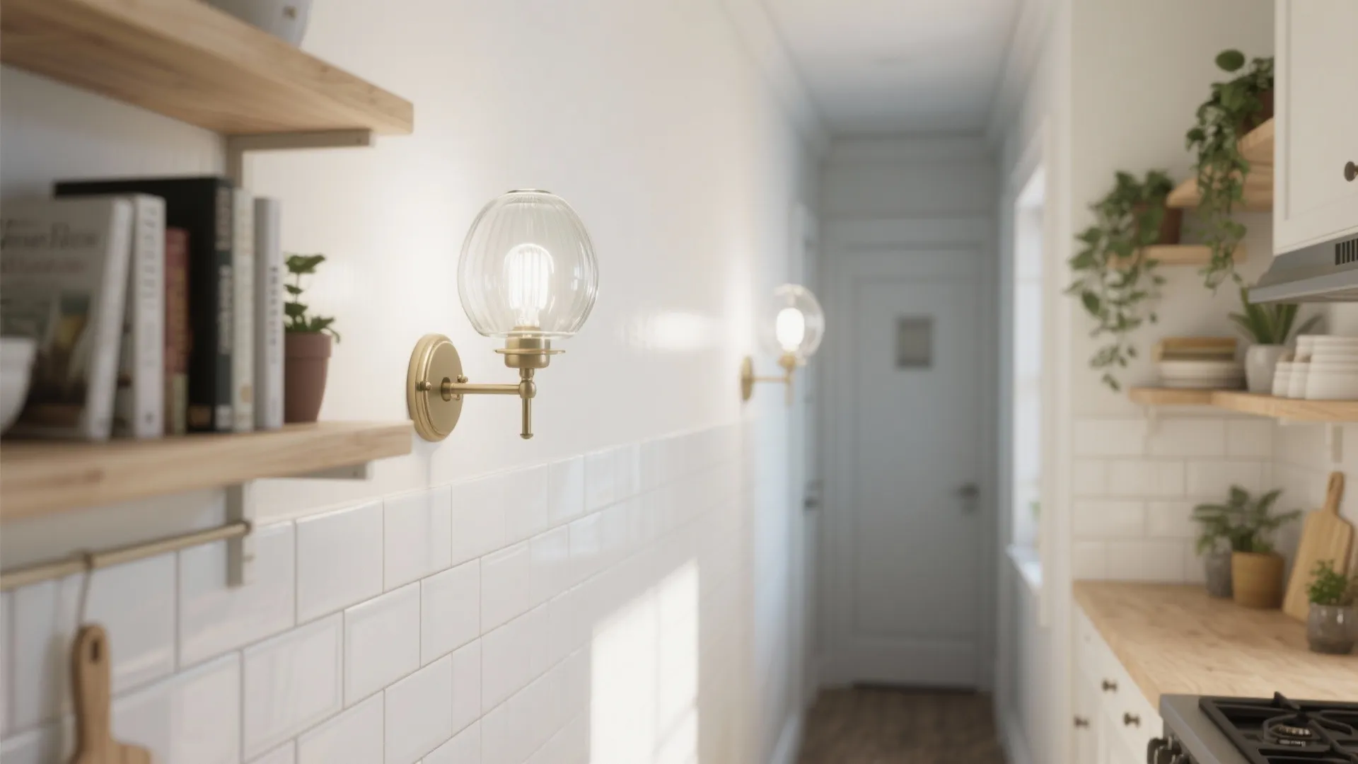Bright kitchen hallway with round glass wall lights wooden shelves white tiles and green plants