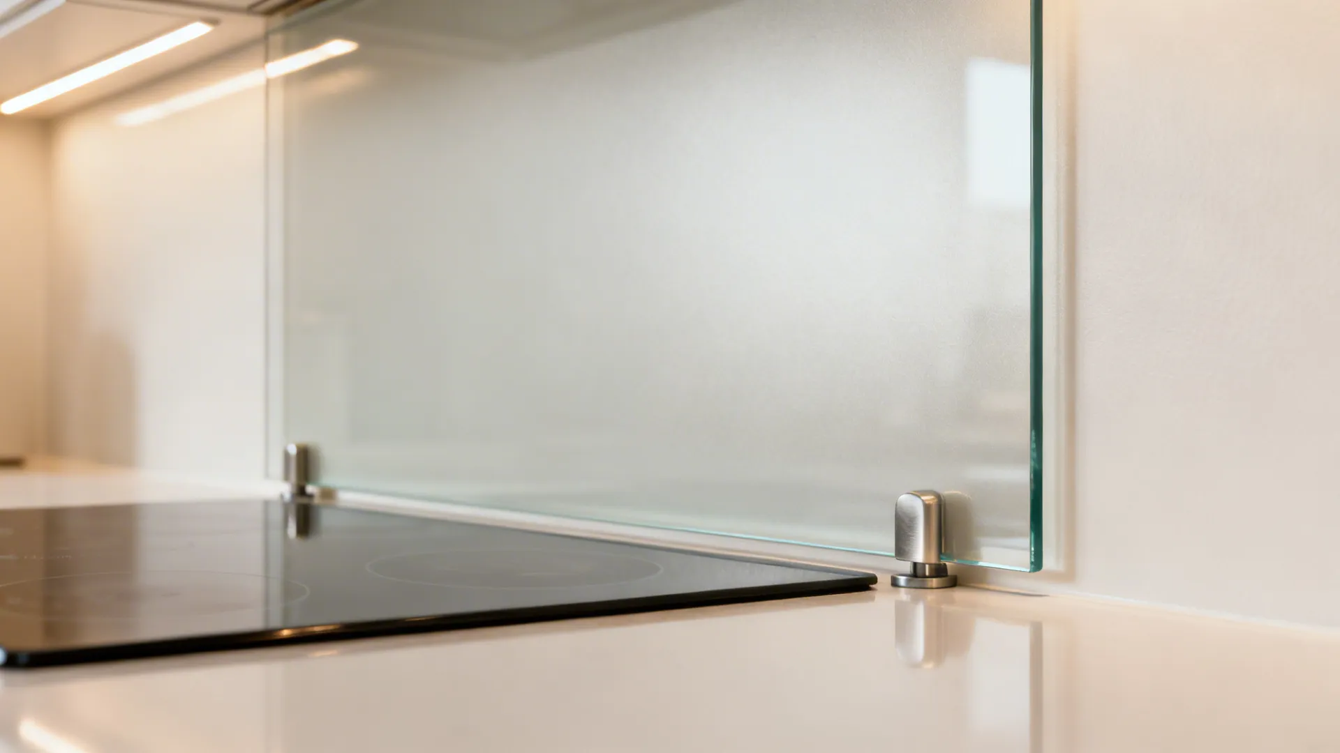 Macro of satin wall finish meeting a tempered glass splash panel with soft reflections.