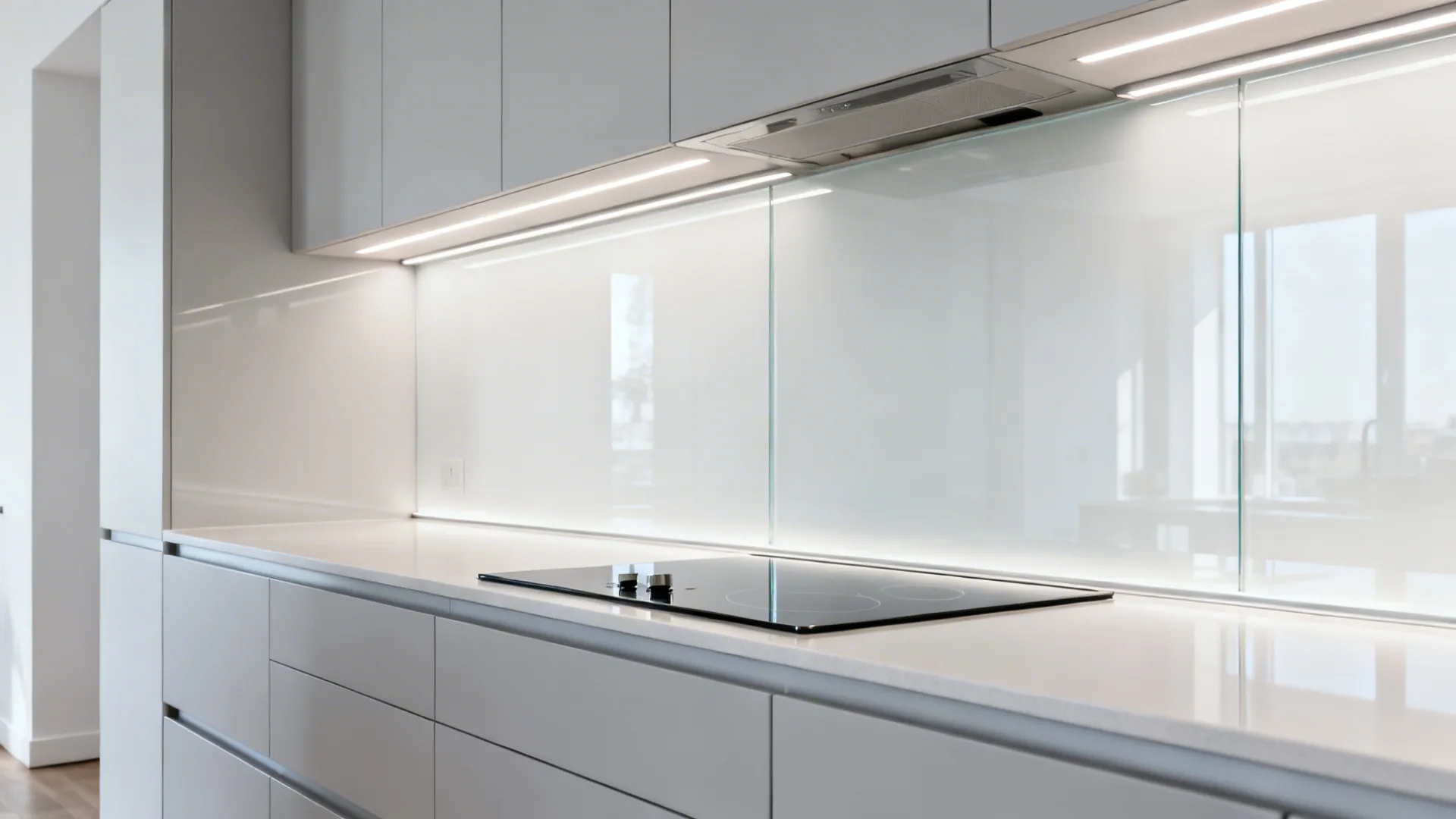 Seamless low-iron back-painted glass backsplash reflecting soft light in a galley kitchen.