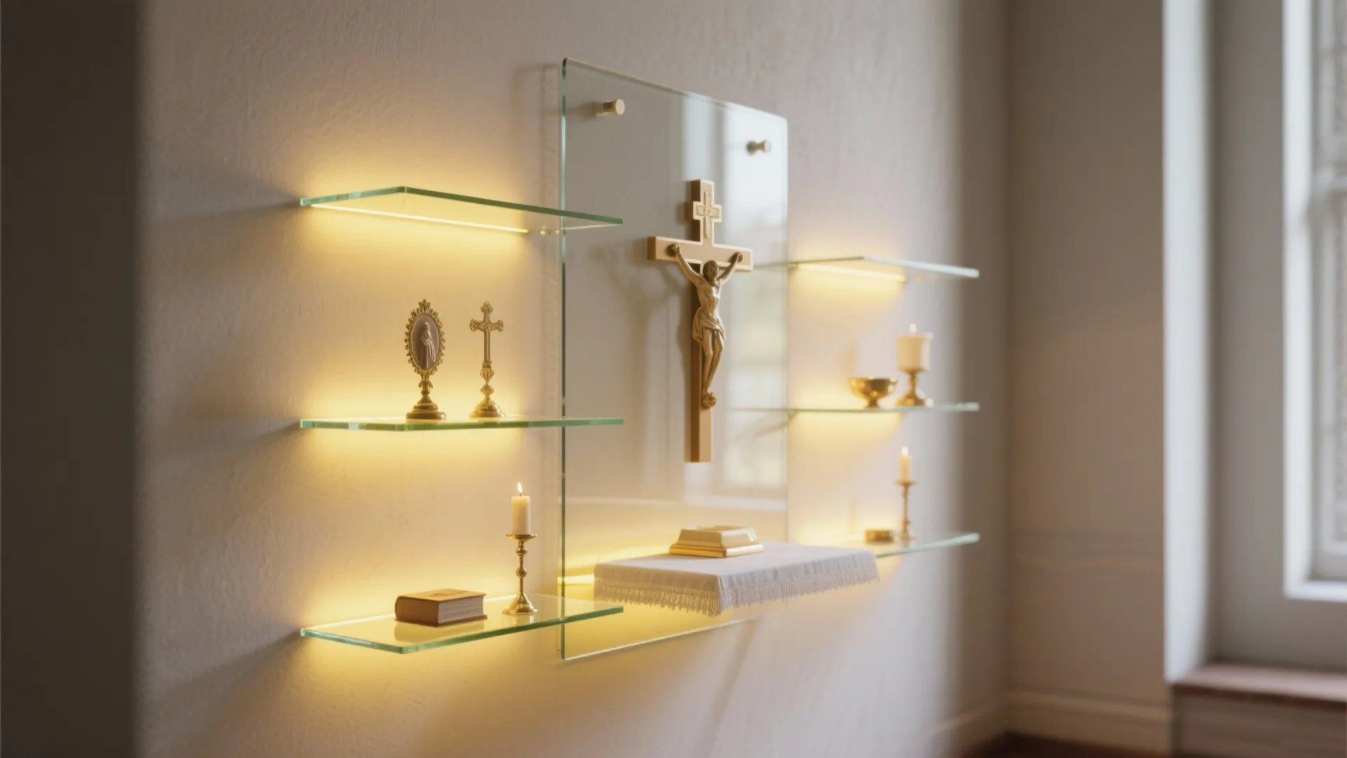 Modern glass shelves with built in lights holding religious items against a white indoor wall