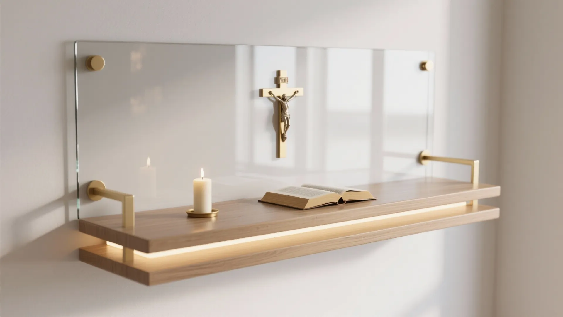 A floating wooden wall shelf with a glass panel holding an open book and candle