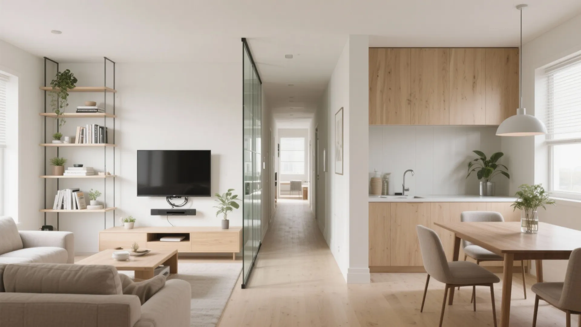 Open glass-backed shelving divides living and dining zones with a swivel TV maintaining sightlines.