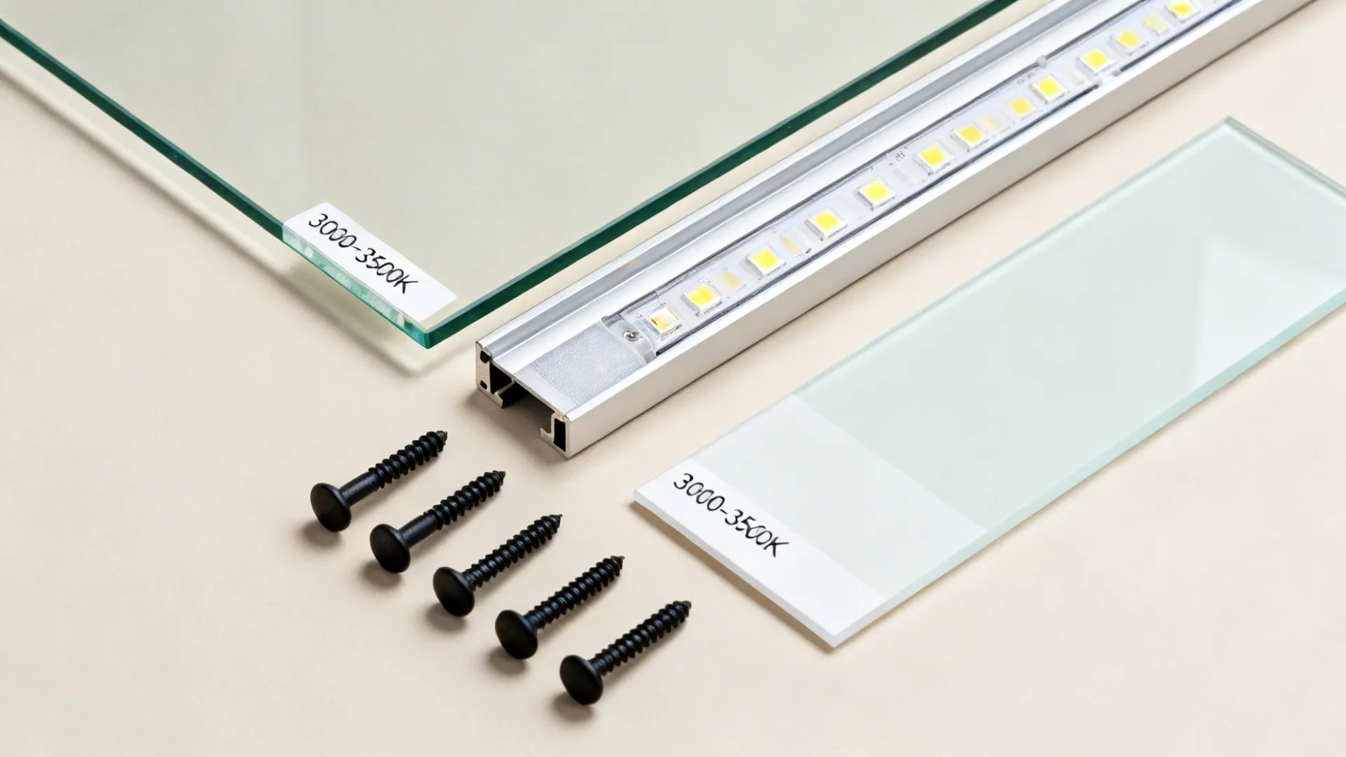 Flat lay of low-iron glass shelf sample, hidden channel, LED with diffuser, and anchors.