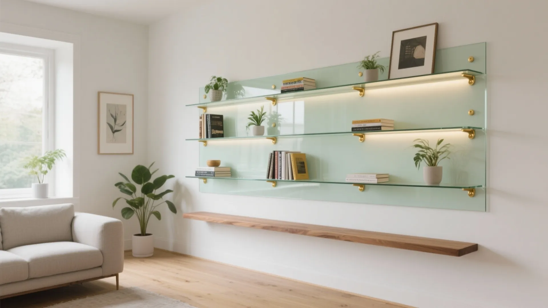 Living room with light green wall panel featuring glass shelves holding books and small plants