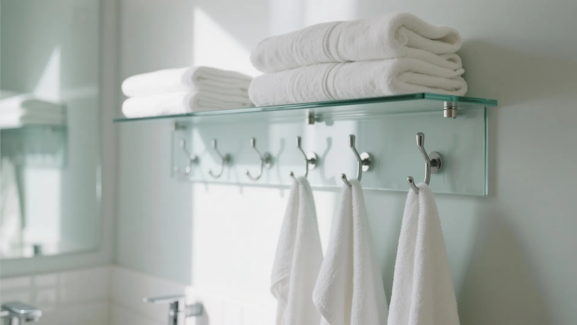 Modern glass wall shelf with silver hooks holding white towels in a bright clean bathroom