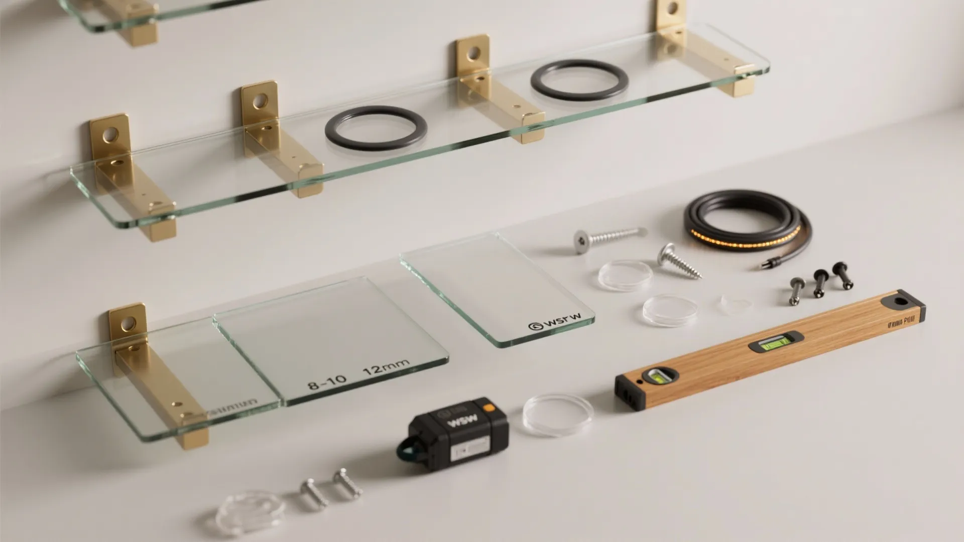 Glass shelf parts including gold brackets screws level tool and small glass panels on table