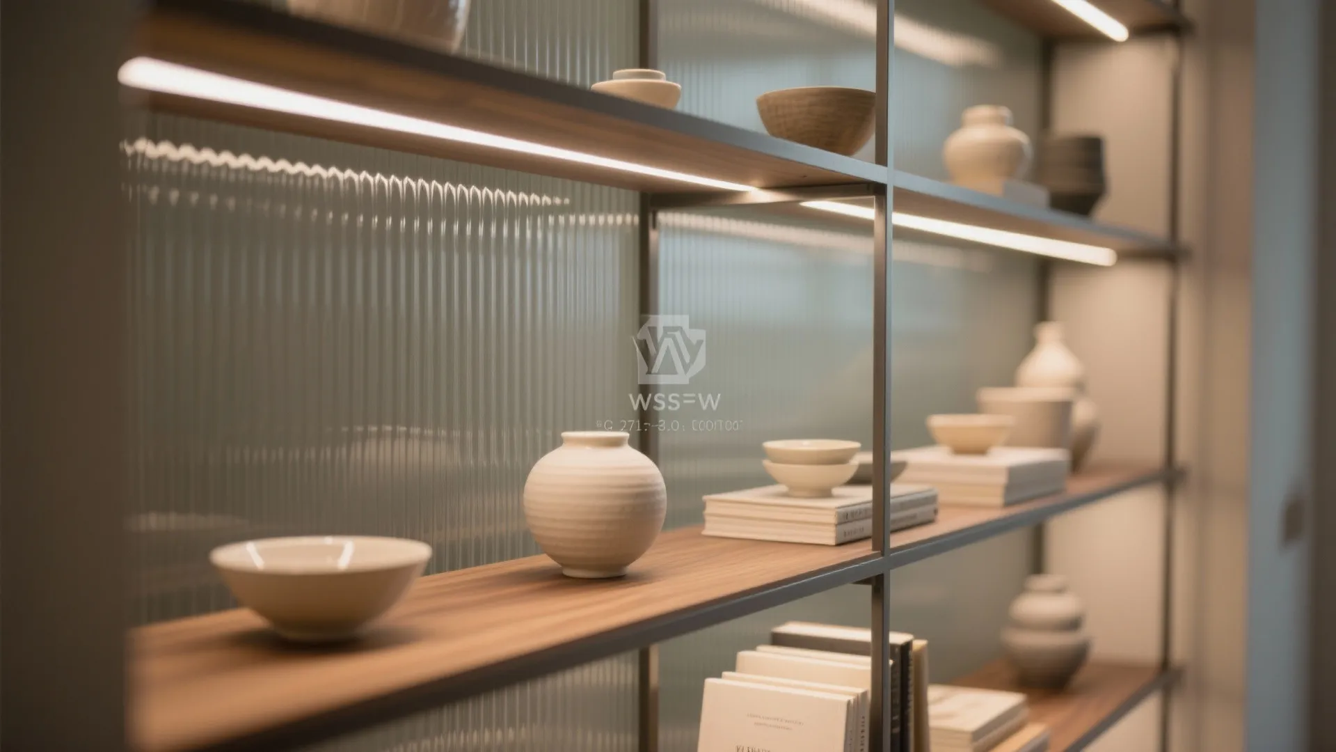 Glass-backed shelves with soft lighting