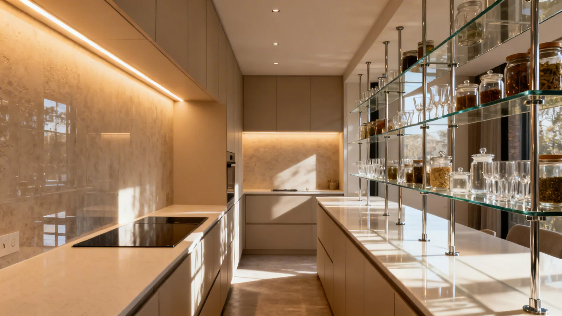 Tempered glass shelves with warm LED backlight brightening a narrow galley kitchen.